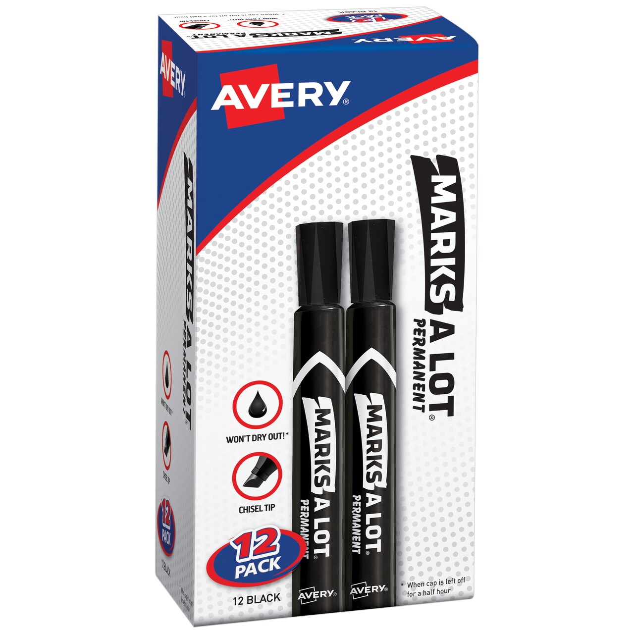 Avery® Marks A Lot® Permanent Markers, Large Desk-Style Size, Chisel Tip, 12 Black Markers (98028)